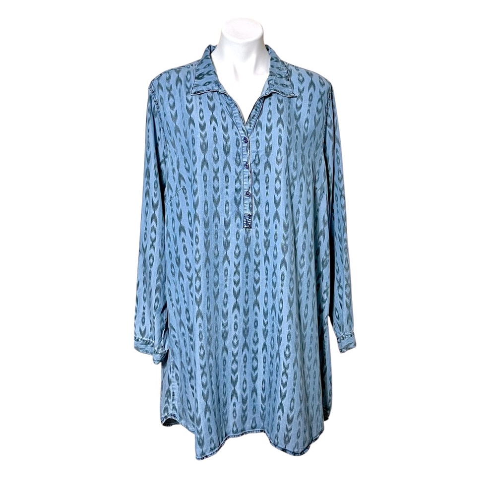 Earl Jeans Tencel Ikat Print Long Sleeve Dress Size 2X Blue/Black